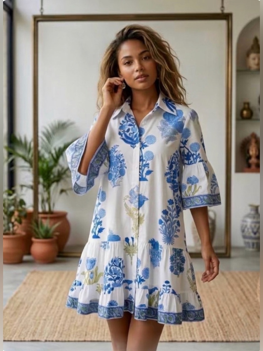Mary Marshmallow Blue & White Printed Button-Front Dress